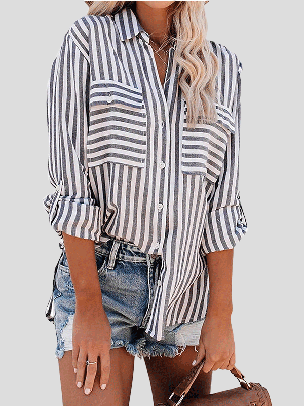 Women's Blouses Striped Single-Breasted Long Sleeve Blouse - Blouses - Instastyled | Online Fashion Free Shipping Clothing, Dresses, Tops, Shoes - 21/12/2021 - 30-40 - BLO2112221495