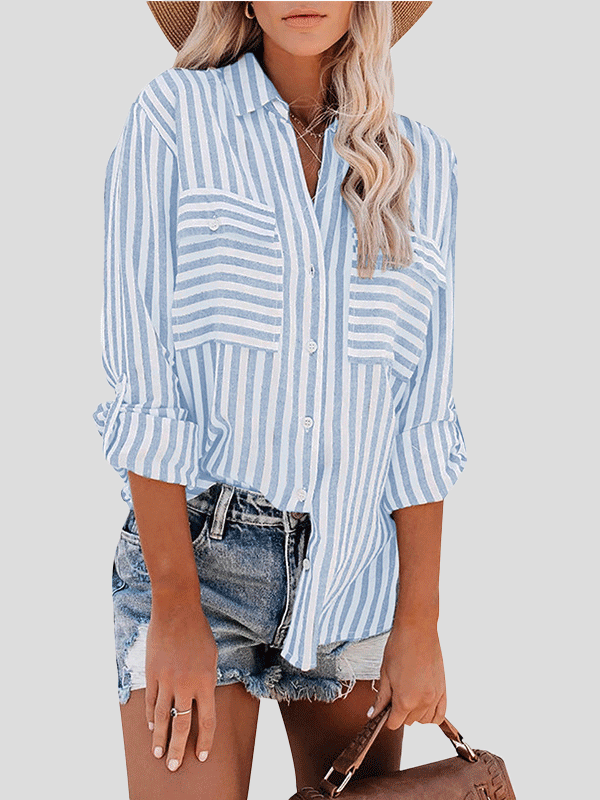 Women's Blouses Striped Single-Breasted Long Sleeve Blouse - Blouses - Instastyled | Online Fashion Free Shipping Clothing, Dresses, Tops, Shoes - 21/12/2021 - 30-40 - BLO2112221495