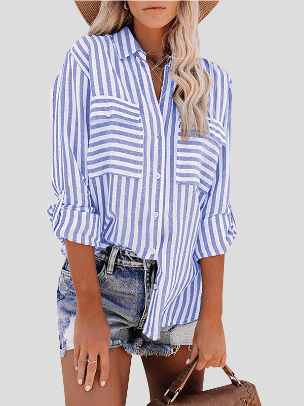 Women's Blouses Striped Single-Breasted Long Sleeve Blouse - Blouses - Instastyled | Online Fashion Free Shipping Clothing, Dresses, Tops, Shoes - 21/12/2021 - 30-40 - BLO2112221495