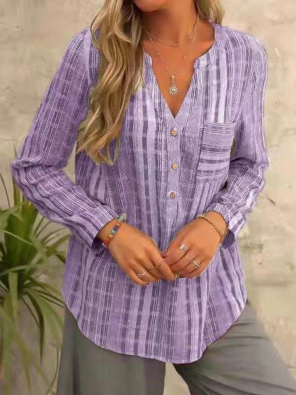 Women's Blouses Striped V-Neck Pocket Long Sleeve Blouse - Blouses - Instastyled | Online Fashion Free Shipping Clothing, Dresses, Tops, Shoes - 21/02/2022 - 30-40 - BLO2202211587