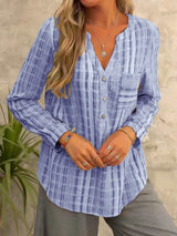 Women's Blouses Striped V-Neck Pocket Long Sleeve Blouse - Blouses - Instastyled | Online Fashion Free Shipping Clothing, Dresses, Tops, Shoes - 21/02/2022 - 30-40 - BLO2202211587