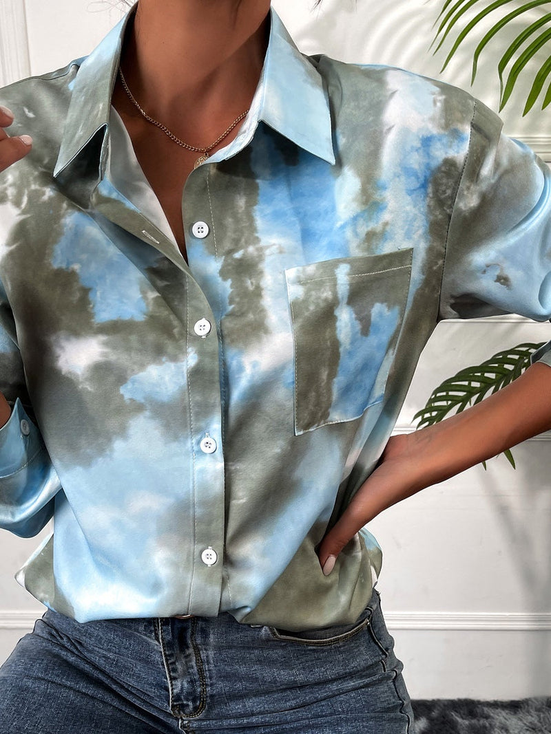 Women's Blouses Tie-Dye Printed Lapel Pocket Long Sleeve Blouse - Blouses - Instastyled | Online Fashion Free Shipping Clothing, Dresses, Tops, Shoes - 24/12/2021 - 30-40 - BLO2112241507