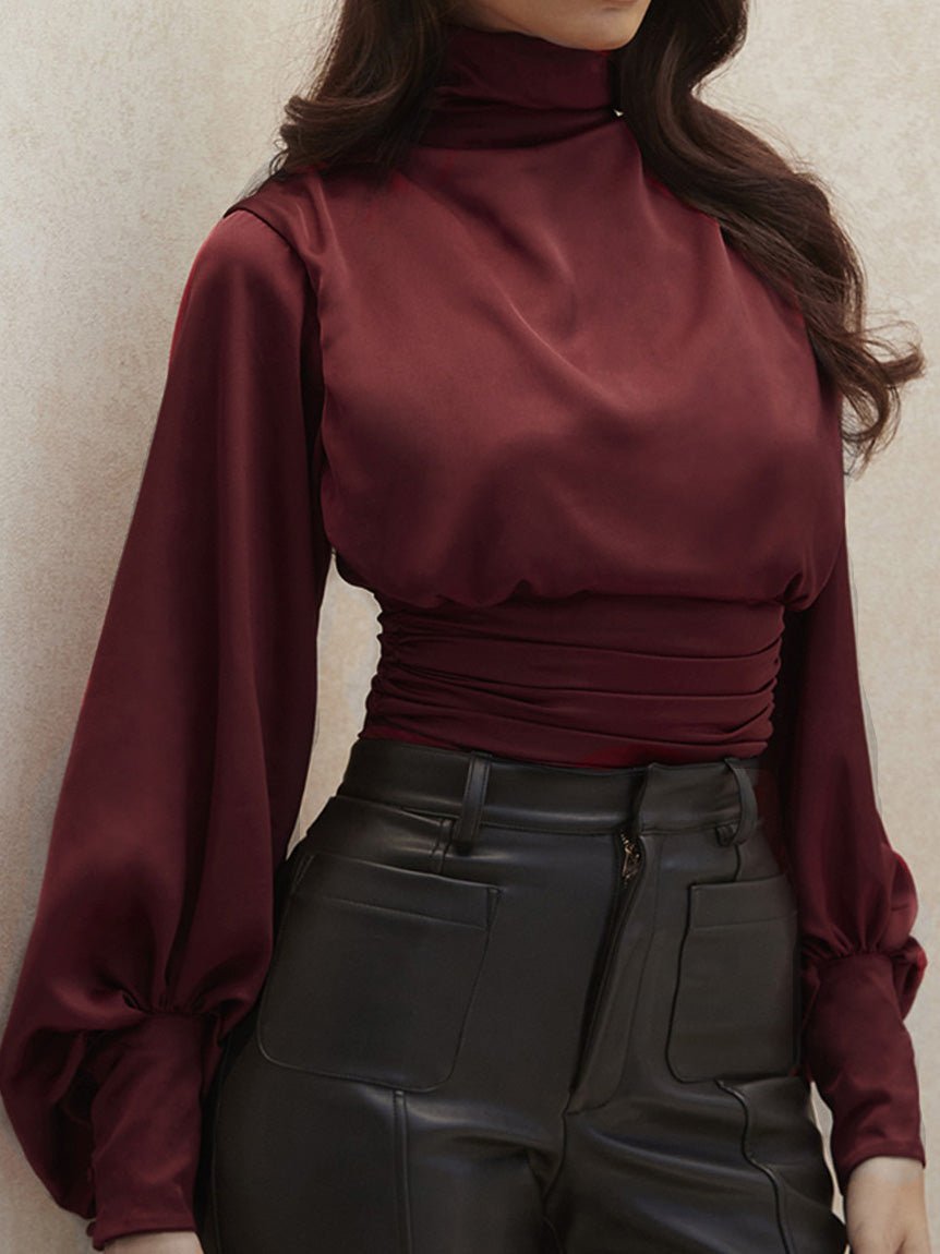 Blouses - Turtleneck Bare Back Balloon Sleeve Blouse - MsDressly