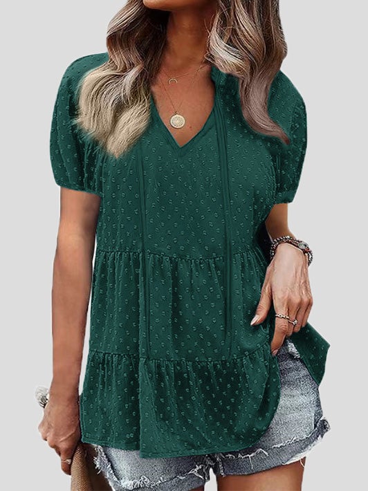 Women's Blouses V-Neck Belted Jacquard Bubble Short Sleeve Blouse - Blouses - Instastyled | Online Fashion Free Shipping Clothing, Dresses, Tops, Shoes - 05/01/2022 - 20-30 - BLO2201051524