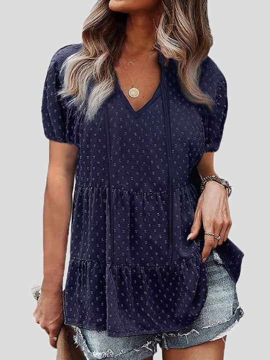 Women's Blouses V-Neck Belted Jacquard Bubble Short Sleeve Blouse - Blouses - Instastyled | Online Fashion Free Shipping Clothing, Dresses, Tops, Shoes - 05/01/2022 - 20-30 - BLO2201051524