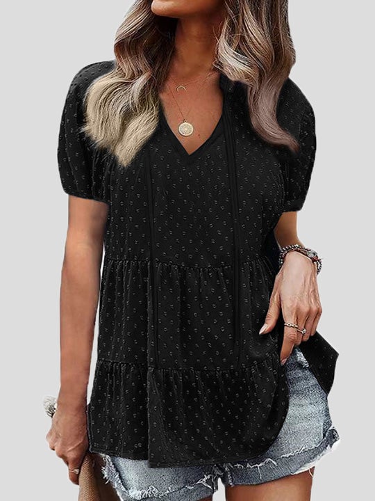 Women's Blouses V-Neck Belted Jacquard Bubble Short Sleeve Blouse - Blouses - Instastyled | Online Fashion Free Shipping Clothing, Dresses, Tops, Shoes - 05/01/2022 - 20-30 - BLO2201051524