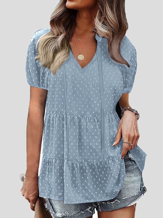 Women's Blouses V-Neck Belted Jacquard Bubble Short Sleeve Blouse - Blouses - Instastyled | Online Fashion Free Shipping Clothing, Dresses, Tops, Shoes - 05/01/2022 - 20-30 - BLO2201051524