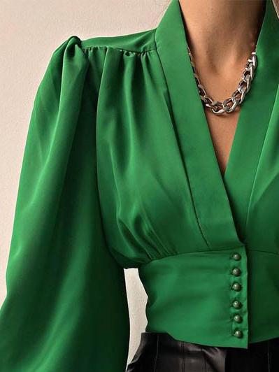 Women's Blouses V-Neck Button Lantern Long Sleeve Blouse - Blouses - INS | Online Fashion Free Shipping Clothing, Dresses, Tops, Shoes - 15/11/2021 - BLO2111151432 - Blouses