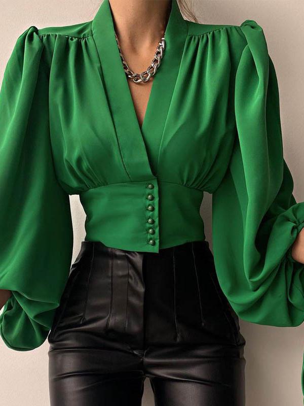 Women's Blouses V-Neck Button Lantern Long Sleeve Blouse - Blouses - INS | Online Fashion Free Shipping Clothing, Dresses, Tops, Shoes - 15/11/2021 - BLO2111151432 - Blouses