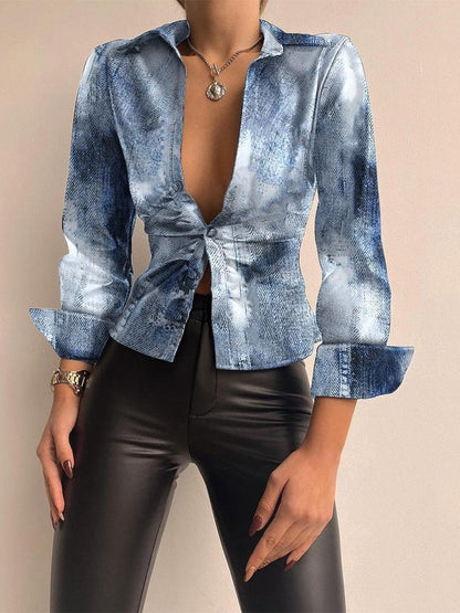 Women's Blouses V-Neck Button Long Sleeve PU Leather Blouse - Blouses - Instastyled | Online Fashion Free Shipping Clothing, Dresses, Tops, Shoes - 03/12/2021 - 20-30 - BLO2112031461