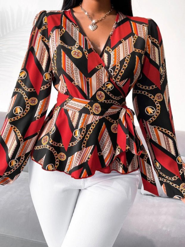 Women's Blouses V-Neck Chain Print Tie Long Sleeve Blouse - Blouses - Instastyled | Online Fashion Free Shipping Clothing, Dresses, Tops, Shoes - 09/08/2022 - BLO2208091821 - Blouses