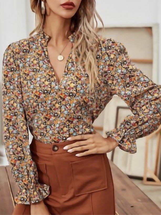 Women's Blouses V-Neck Floral Long Sleeves Blouse - MsDressly