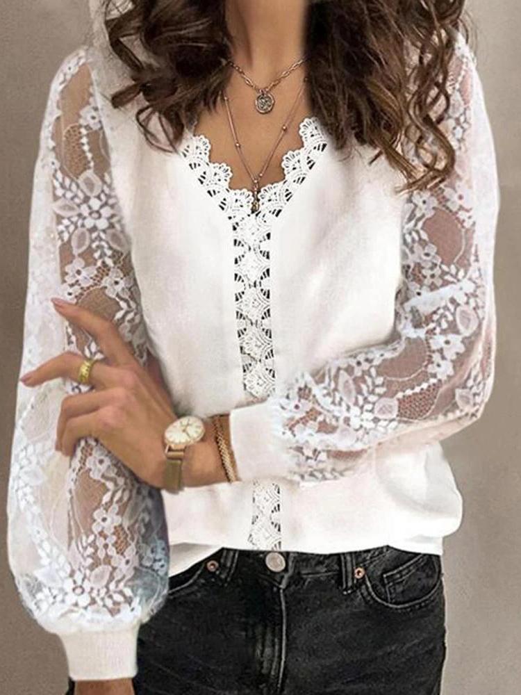 Women's Blouses V-Neck Hollow Lace Long Sleeves Blouse - Blouses - INS | Online Fashion Free Shipping Clothing, Dresses, Tops, Shoes - 1/11/2021 - 20-30 - BLO2111011400