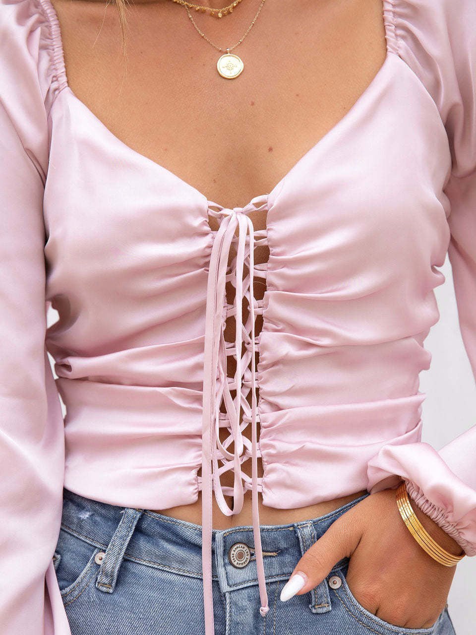 Women's Blouses V-Neck Hollow Tie Long Sleeve Blouse - Blouses - Instastyled | Online Fashion Free Shipping Clothing, Dresses, Tops, Shoes - 01/09/2022 - 20-30 - BLO2209011851