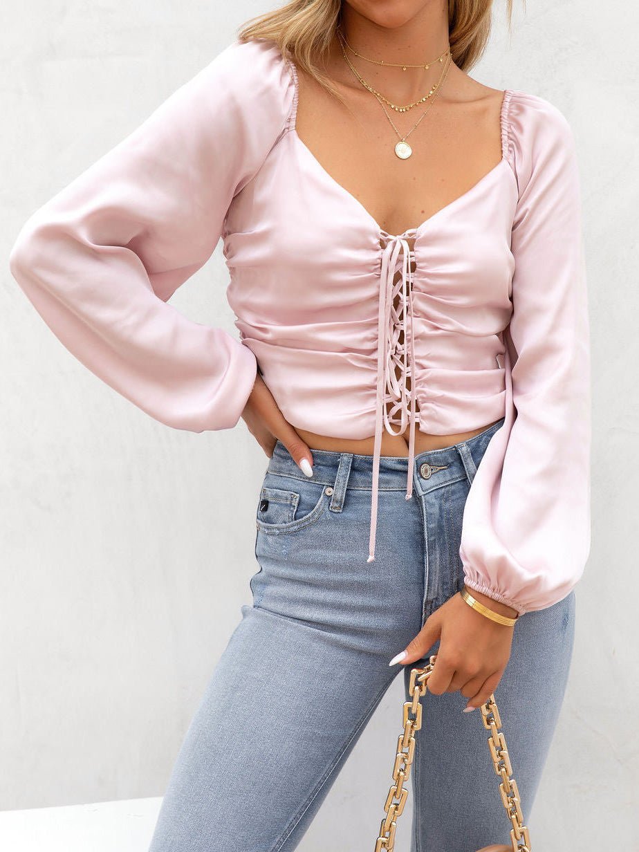 Women's Blouses V-Neck Hollow Tie Long Sleeve Blouse - Blouses - Instastyled | Online Fashion Free Shipping Clothing, Dresses, Tops, Shoes - 01/09/2022 - 20-30 - BLO2209011851