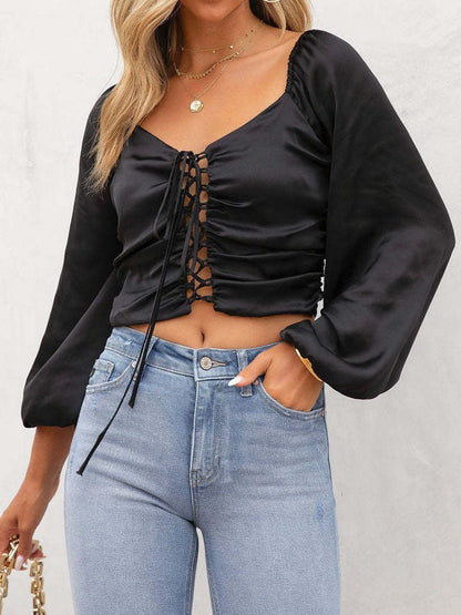 Women's Blouses V-Neck Hollow Tie Long Sleeve Blouse - Blouses - Instastyled | Online Fashion Free Shipping Clothing, Dresses, Tops, Shoes - 01/09/2022 - 20-30 - BLO2209011851