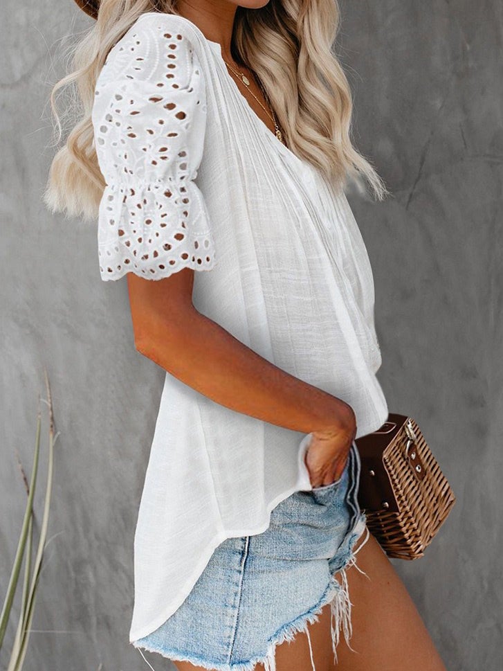 Women's Blouses V-Neck Lace Pleated Short Sleeve Blouse - Blouses - Instastyled | Online Fashion Free Shipping Clothing, Dresses, Tops, Shoes - 04/01/2022 - 30-40 - Blouses