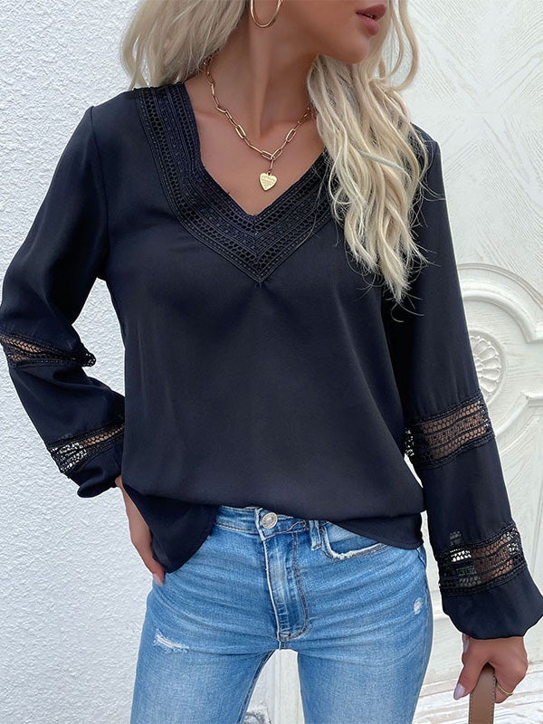 Women's Blouses V-Neck Lace Stitching Hollow Long Sleeve Blouse - Blouses - Instastyled | Online Fashion Free Shipping Clothing, Dresses, Tops, Shoes - 24/12/2021 - 30-40 - BLO2112241505