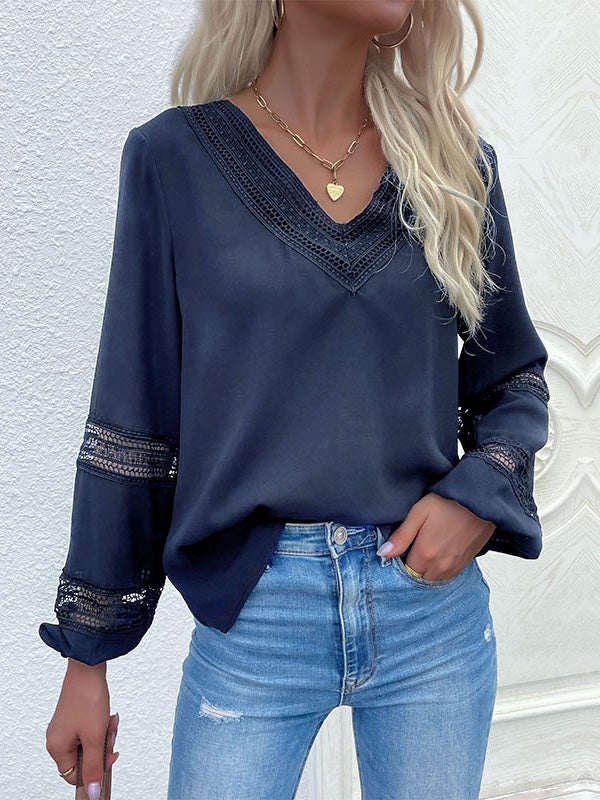 Women's Blouses V-Neck Lace Stitching Hollow Long Sleeve Blouse - Blouses - Instastyled | Online Fashion Free Shipping Clothing, Dresses, Tops, Shoes - 24/12/2021 - 30-40 - BLO2112241505