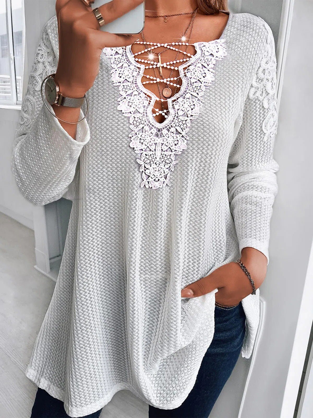 Women's Blouses V-Neck Lace Stitching Long Sleeve Blouse - Blouses - Instastyled | Online Fashion Free Shipping Clothing, Dresses, Tops, Shoes - 17/02/2022 - 20-30 - BLO2202171581