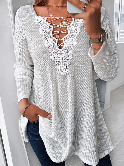 Women's Blouses V-Neck Lace Stitching Long Sleeve Blouse - Blouses - Instastyled | Online Fashion Free Shipping Clothing, Dresses, Tops, Shoes - 17/02/2022 - 20-30 - BLO2202171581