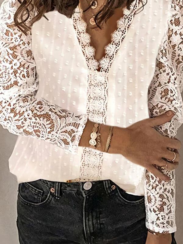 Women's Blouses V-Neck Long Sleeve Chiffon Jacquard Lace Blouses - Blouses - INS | Online Fashion Free Shipping Clothing, Dresses, Tops, Shoes - 20-30 - 26/08/2021 - BLO2108261324