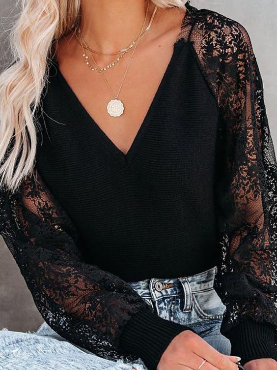 Women's Blouses V-Neck Stitching Lace Long Sleeve Blouses - Blouses - INS | Online Fashion Free Shipping Clothing, Dresses, Tops, Shoes - 12/08/2021 - 20-30 - BLO2108131306