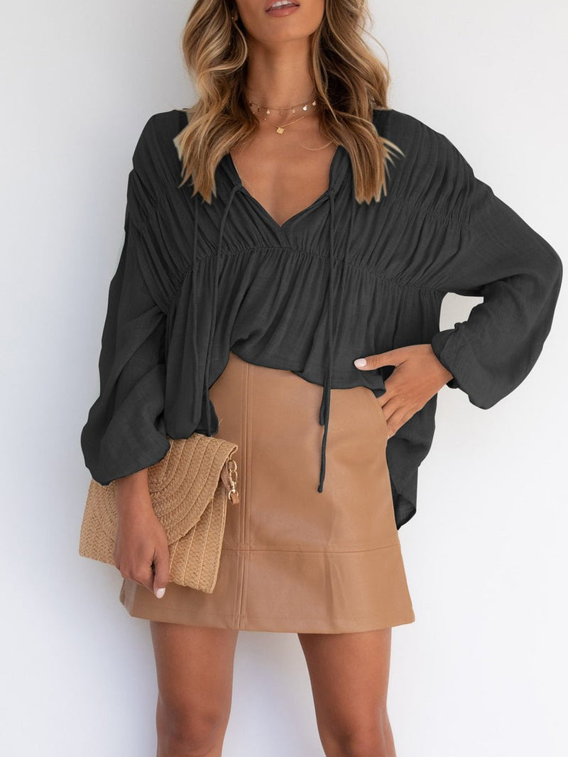 Women's Blouses V-Neck Tie Gathered Long Sleeve Blouse - Blouses - Instastyled | Online Fashion Free Shipping Clothing, Dresses, Tops, Shoes - 09/02/2022 - 30-40 - BLO2202091567