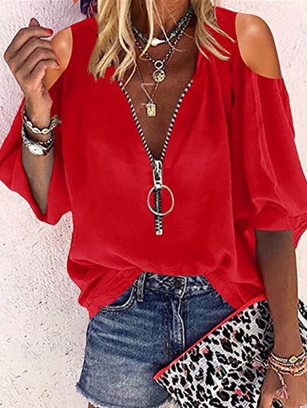 Women's Blouses V-Neck Zip Off-Shoulder Long Sleeve Blouse - Blouses - Instastyled | Online Fashion Free Shipping Clothing, Dresses, Tops, Shoes - 17/05/2022 - 20-30 - BLO2205171702