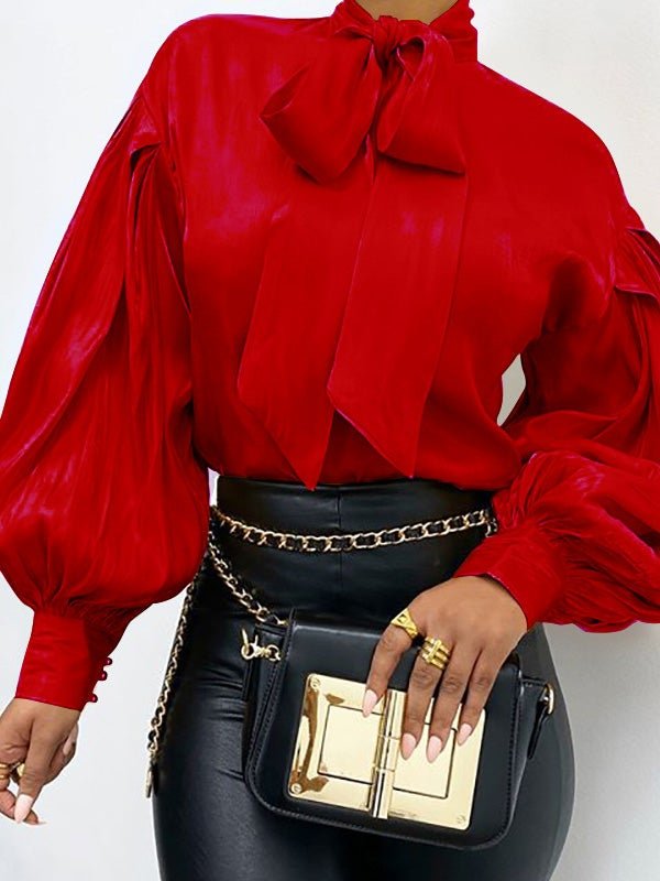 Women's Blouses Vintage Solid Belted Long Sleeve Blouse - Blouses - Instastyled | Online Fashion Free Shipping Clothing, Dresses, Tops, Shoes - 23/12/2021 - 40-50 - BLO2112231502