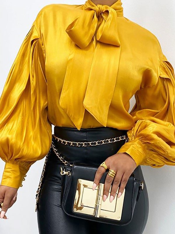 Women's Blouses Vintage Solid Belted Long Sleeve Blouse - Blouses - Instastyled | Online Fashion Free Shipping Clothing, Dresses, Tops, Shoes - 23/12/2021 - 40-50 - BLO2112231502