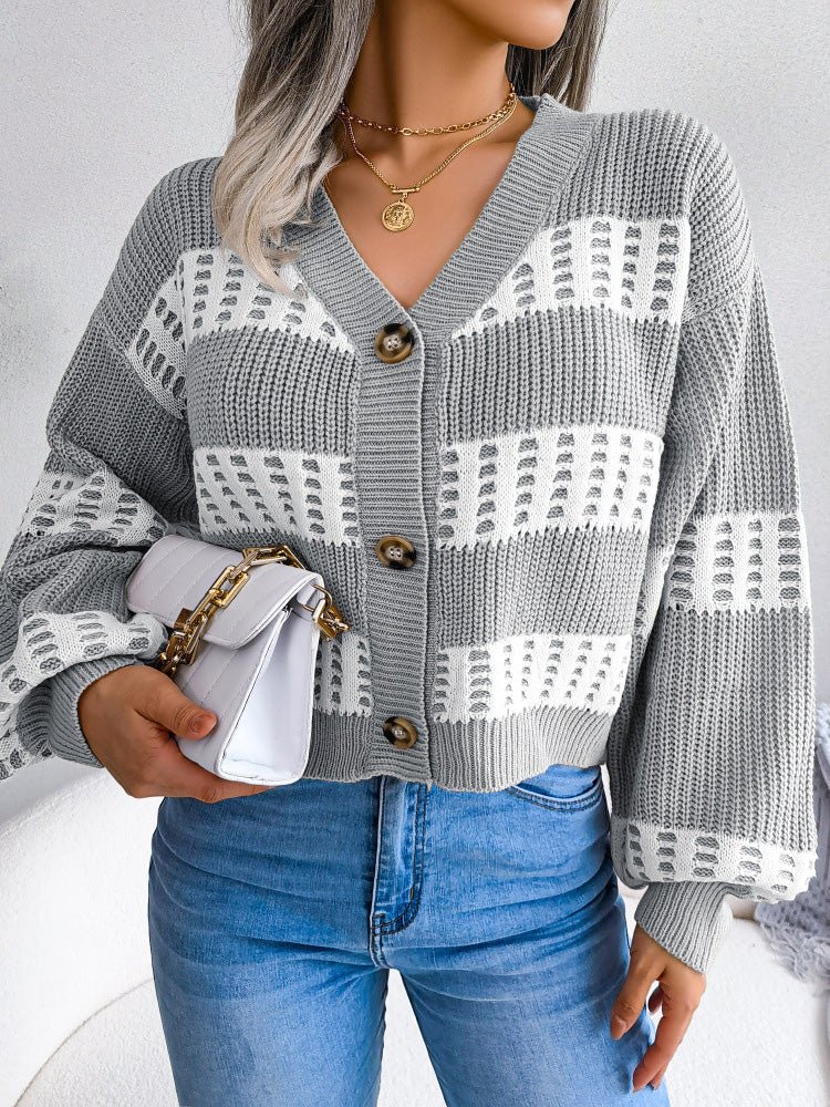 Women's Cardigans Contrast Button Balloon Sleeve Sweater Cardigan - Cardigans - Instastyled | Online Fashion Free Shipping Clothing, Dresses, Tops, Shoes - 06/10/2022 - 40-50 - CAR2210061274
