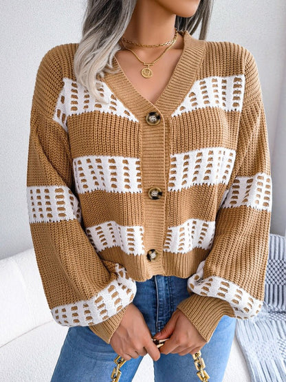 Women's Cardigans Contrast Button Balloon Sleeve Sweater Cardigan - Cardigans - Instastyled | Online Fashion Free Shipping Clothing, Dresses, Tops, Shoes - 06/10/2022 - 40-50 - CAR2210061274