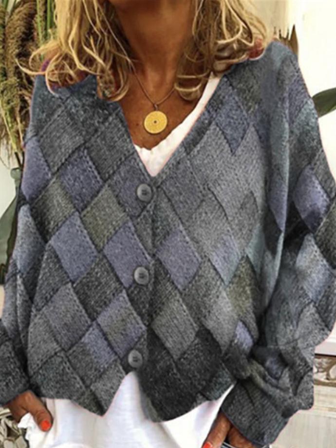 Women's Cardigans Diamond Check Print Long Sleeve Knit Cardigan - Cardigans & Sweaters - INS | Online Fashion Free Shipping Clothing, Dresses, Tops, Shoes - 18/10/2021 - 20-30 - CAR2110181154