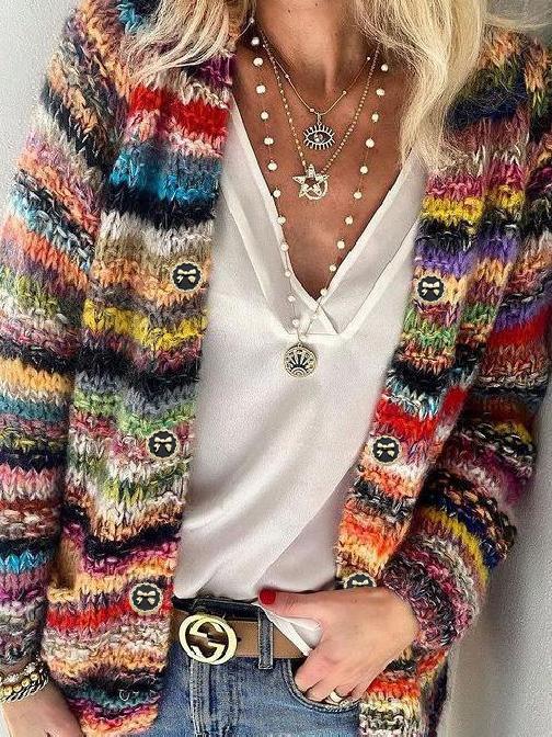 Women's Cardigans Multicolor Button Pocket Sweater Cardigan - Cardigans & Sweaters - INS | Online Fashion Free Shipping Clothing, Dresses, Tops, Shoes - 15/10/2021 - CAR2110151152 - Cardigans & Sweaters