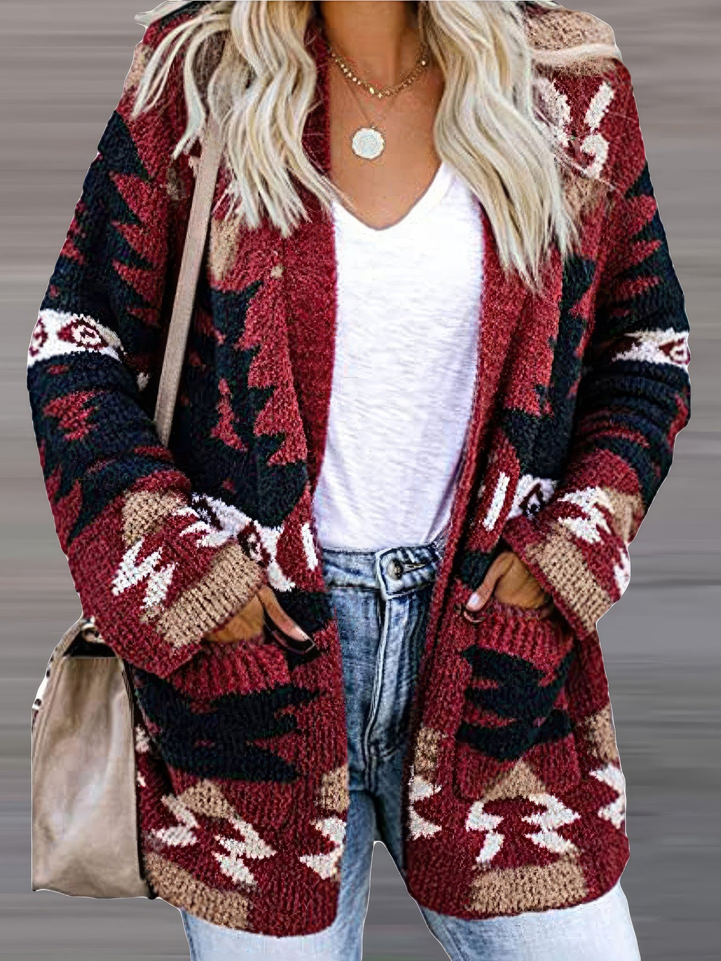 Cardigans - Printed Pocket Casual Long Sleeve Knitted Cardigan - MsDressly