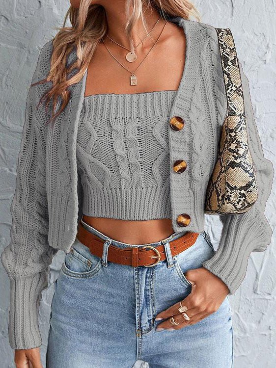 Women's Cardigans Solid Button Fitted Two-Piece Knit Cardigan - Cardigans - Instastyled | Online Fashion Free Shipping Clothing, Dresses, Tops, Shoes - 23/08/2022 - 40-50 - CAR2208231239