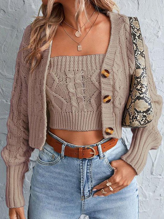 Women's Cardigans Solid Button Fitted Two-Piece Knit Cardigan - Cardigans - Instastyled | Online Fashion Free Shipping Clothing, Dresses, Tops, Shoes - 23/08/2022 - 40-50 - CAR2208231239