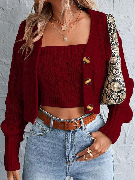 Women's Cardigans Solid Button Fitted Two-Piece Knit Cardigan - Cardigans - Instastyled | Online Fashion Free Shipping Clothing, Dresses, Tops, Shoes - 23/08/2022 - 40-50 - CAR2208231239