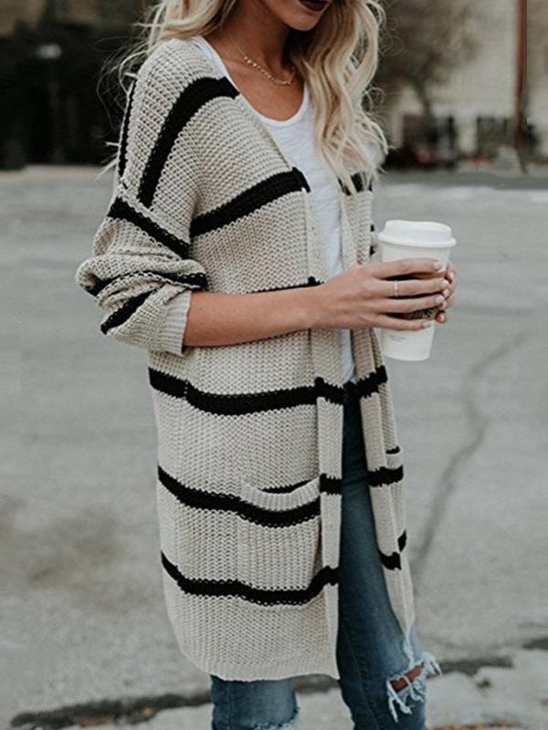 Women's Cardigans Striped Pocket Mid-Length Knitted Cardigan - Cardigans & Sweaters - INS | Online Fashion Free Shipping Clothing, Dresses, Tops, Shoes - 15/09/2021 - 20-30 - CAR2109151130