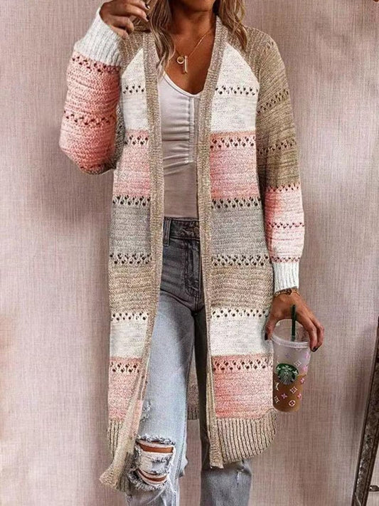 Women's Cardigans Striped Printed Hollow Long Cardigan Sweater - Cardigans & Sweaters - INS | Online Fashion Free Shipping Clothing, Dresses, Tops, Shoes - 08/09/2021 - 30-40 - CAR2109091124