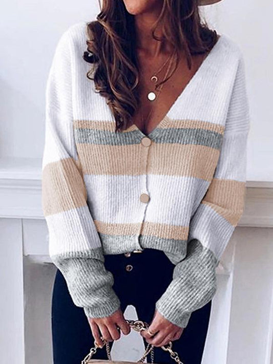 Women's Cardigans V-Neck Button Striped Sweater Cardigan - Cardigans & Sweaters - INS | Online Fashion Free Shipping Clothing, Dresses, Tops, Shoes - 03/11/2021 - 30-40 - CAR2111031177