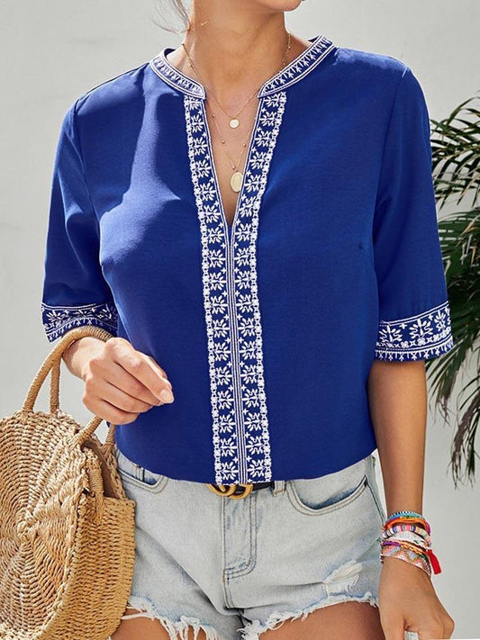 Womens Casual V Neck Shirt Embroidered Print Blouse - Blouses - INS | Online Fashion Free Shipping Clothing, Dresses, Tops, Shoes - 16/03/2021 - 2XL - 3XL