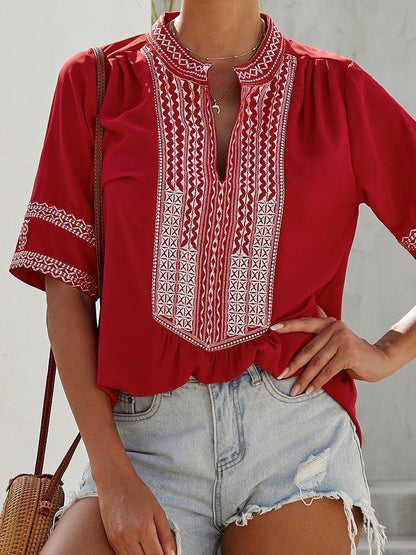 Womens Casual V Neck Shirt Embroidered Print Short/Long Sleeve Tops Loose Blouse - Blouses - INS | Online Fashion Free Shipping Clothing, Dresses, Tops, Shoes - 16/03/2021 - 2XL - 3XL