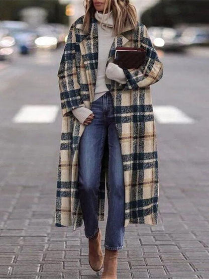 Women's Coats Check Print Lapel Long Woolen Coat - Coats & Jackets - INS | Online Fashion Free Shipping Clothing, Dresses, Tops, Shoes - 19/10/2021 - Coats & Jackets - color-multi