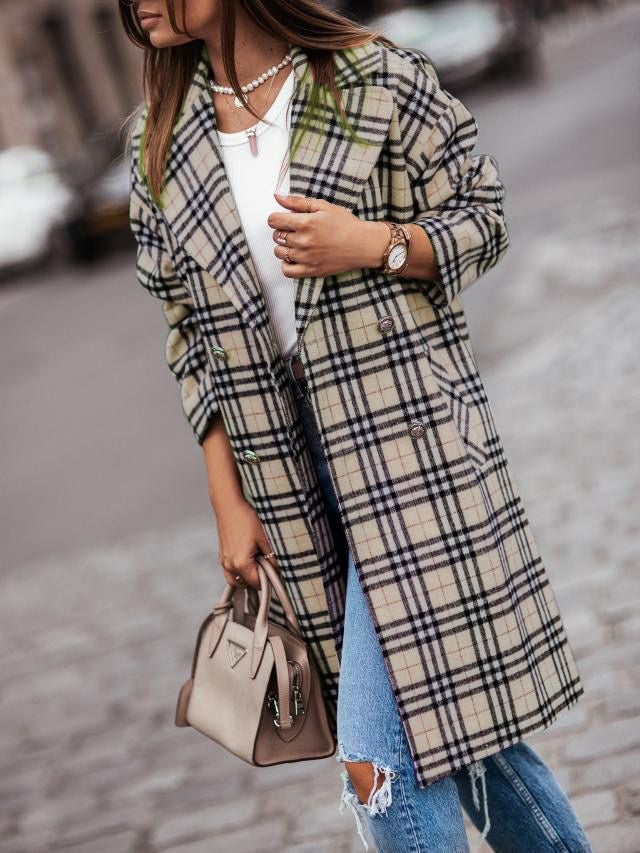 Women's Coats Checked Lapel Mid-Length Coat - Coats & Jackets - Instastyled | Online Fashion Free Shipping Clothing, Dresses, Tops, Shoes - 20/01/2022 - 40-50 - COA2201201376