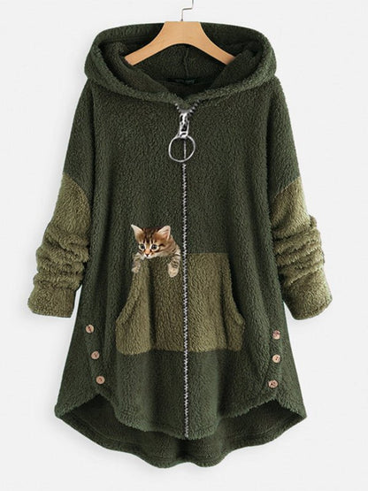 Coats - Cute Hooded Zipper Cat Printed Coat - MsDressly