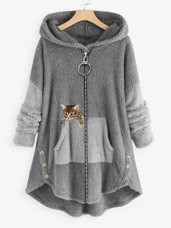 Coats - Cute Hooded Zipper Cat Printed Coat - MsDressly