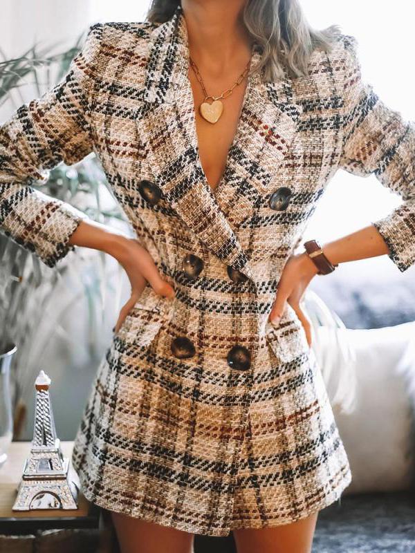 Women's Coats Double-Breasted Plaid Print Lapel Woolen Coat - Coats & Jackets - INS | Online Fashion Free Shipping Clothing, Dresses, Tops, Shoes - 17/11/2021 - 30-40 - COA2111171310