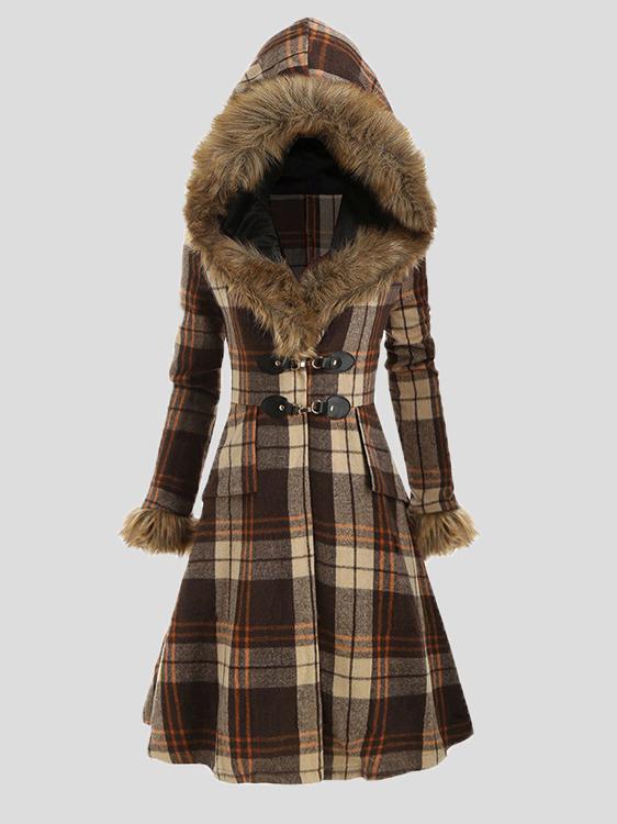 Women's Coats Hooded Fur And Alloy Button Plaid Woolen Mid-Length Coat - Coats & Jackets - INS | Online Fashion Free Shipping Clothing, Dresses, Tops, Shoes - 09/10/2021 - COA2110091200 - Coats & Jackets